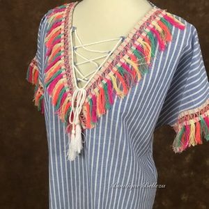 Pinstriped Woven Top With Colorful Fringe